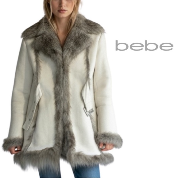 BEBE suede and faux fur trimmed belted Jacket SZ M - Picture 14 of 16